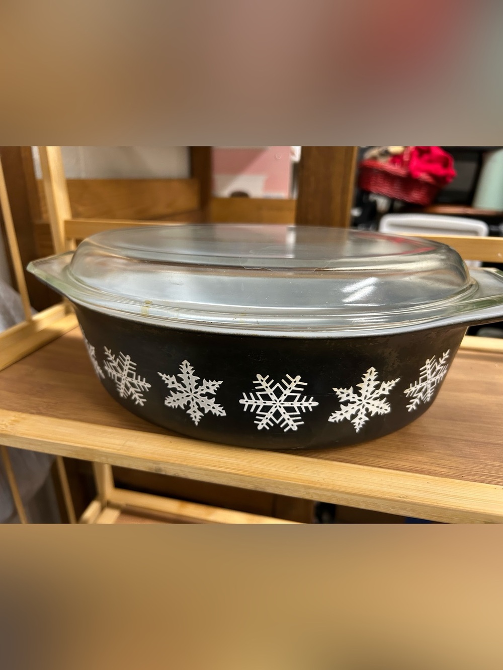 Vintage Pyrex Black Glass Casserole with White Snowflake Pattern and Clear Lid